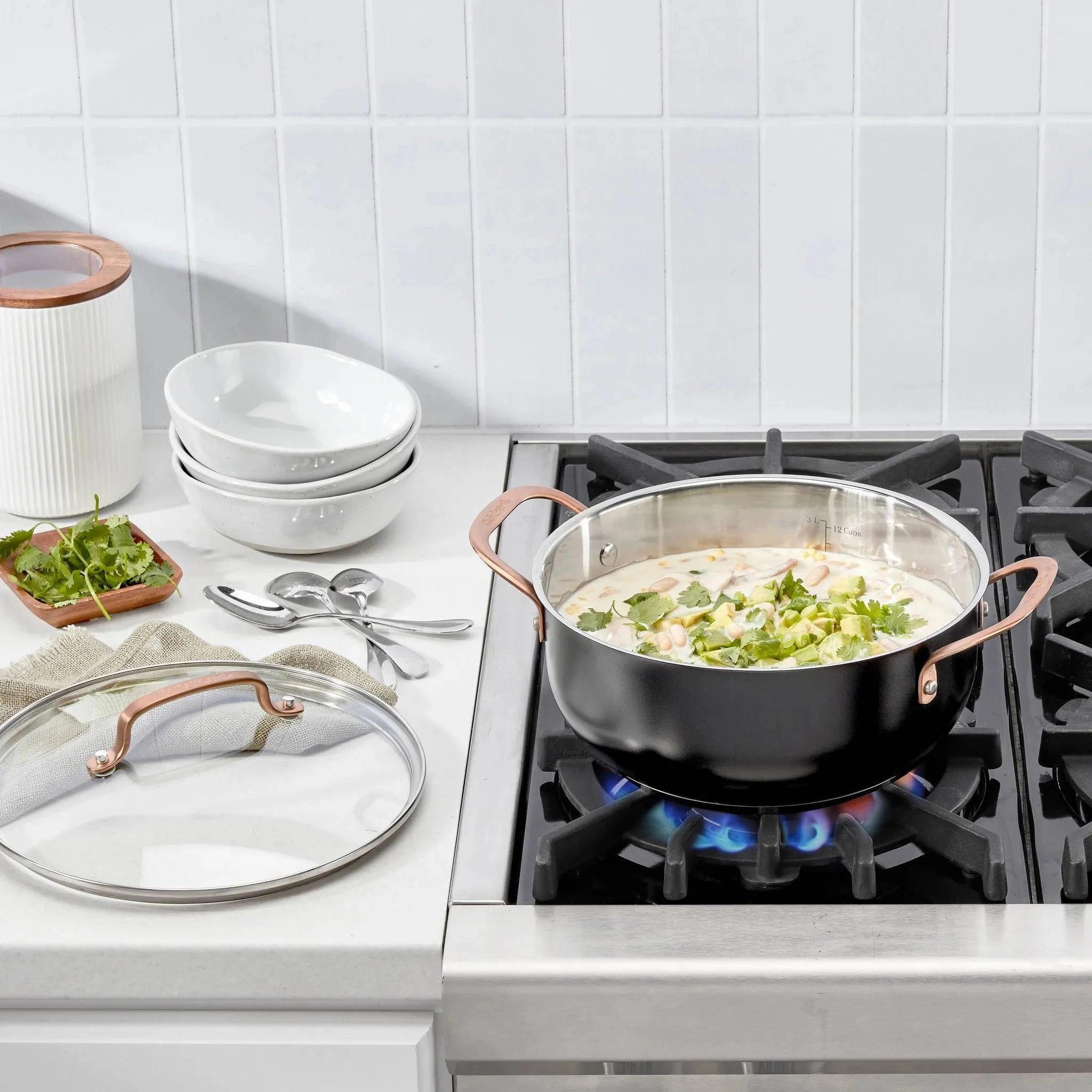 4.5qt Matte Black Stainless with Blush Bronze Dutch Oven with Cover: Black Stainless Steel Cookware, 10" Diameter (See Description)
