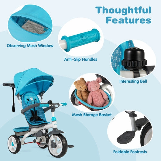5-in-1 Detachable Baby Stroller Tricycle With Round Canopy-Blue