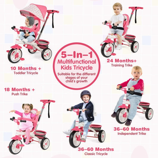5-in-1 Detachable Baby Stroller Tricycle With Round Canopy-Pink