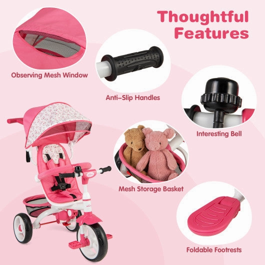 5-in-1 Detachable Baby Stroller Tricycle With Round Canopy-Pink