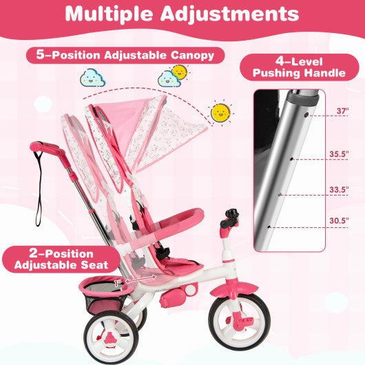 5-in-1 Detachable Baby Stroller Tricycle With Round Canopy-Pink