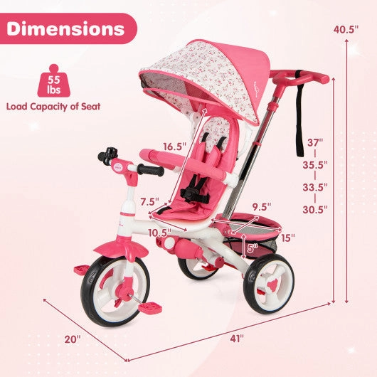 5-in-1 Detachable Baby Stroller Tricycle With Round Canopy-Pink