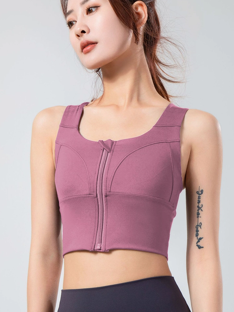 Front Zip Criss Cross Back Longline Sports Bras Workout Tops for Women