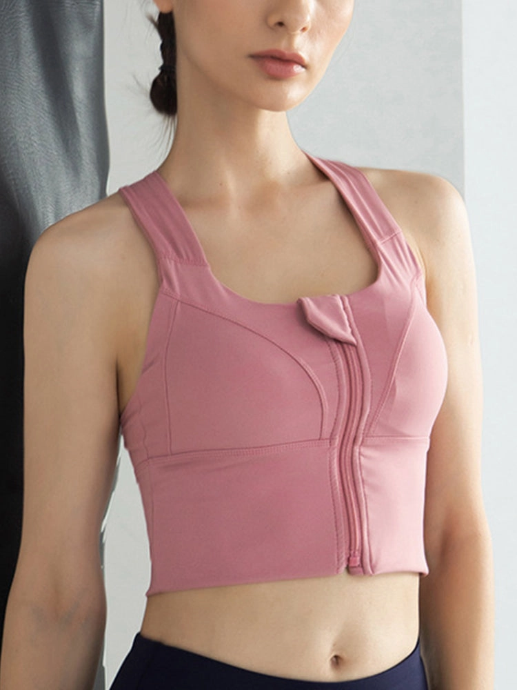 Front Zip Criss Cross Back Longline Sports Bras Workout Tops for Women