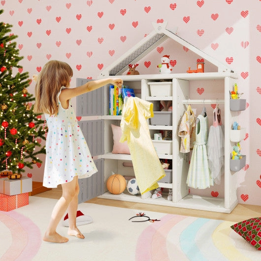 Kids Costume Storage Closet With Storage Bins and Shelves and Side Baskets for Kids Room-Gray