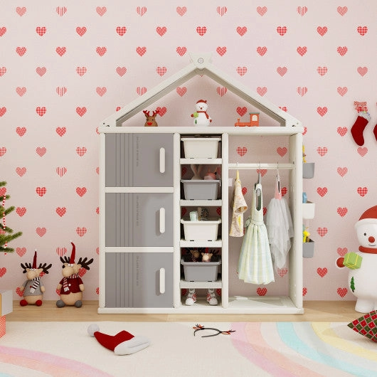 Kids Costume Storage Closet With Storage Bins and Shelves and Side Baskets for Kids Room-Gray