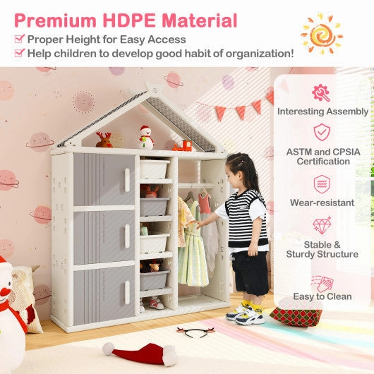 Kids Costume Storage Closet With Storage Bins and Shelves and Side Baskets for Kids Room-Gray