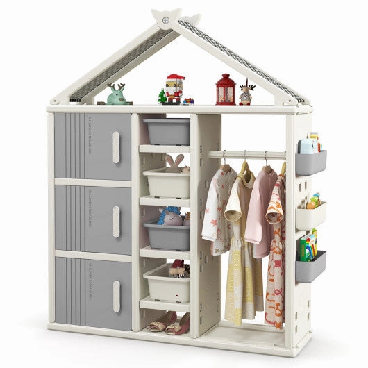 Kids Costume Storage Closet With Storage Bins and Shelves and Side Baskets for Kids Room-Gray