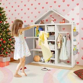 Kids Costume Storage Closet With Storage Bins and Shelves and Side Baskets for Kids Room-Gray