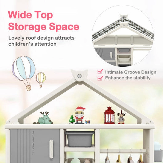 Kids Costume Storage Closet With Storage Bins and Shelves and Side Baskets for Kids Room-Gray