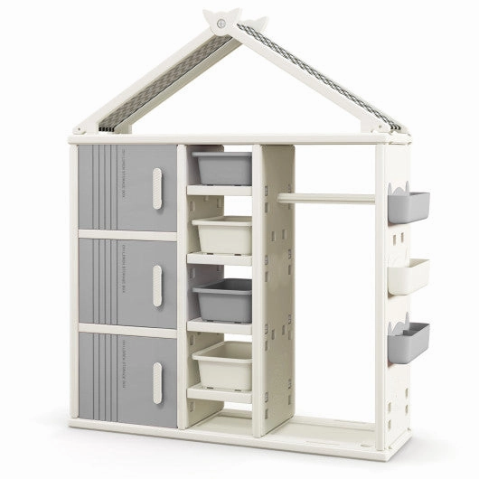 Kids Costume Storage Closet With Storage Bins and Shelves and Side Baskets for Kids Room-Gray