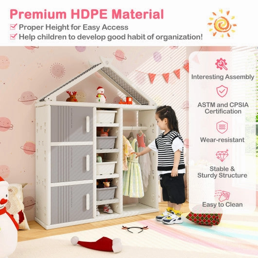 Kids Costume Storage Closet With Storage Bins and Shelves and Side Baskets for Kids Room-Gray