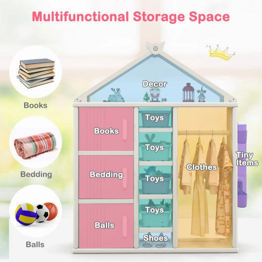 Kids Costume Storage Closet With Storage Bins and Shelves and Side Baskets for Kids Room-Gray