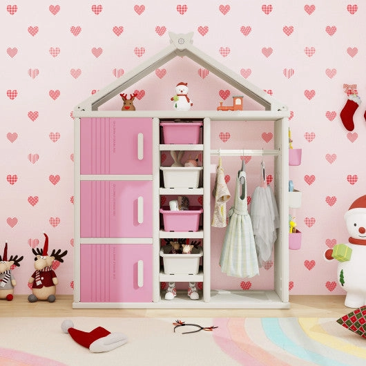 Kids Costume Storage Closet With Storage Bins and Shelves and Side Baskets for Kids Room-Pink
