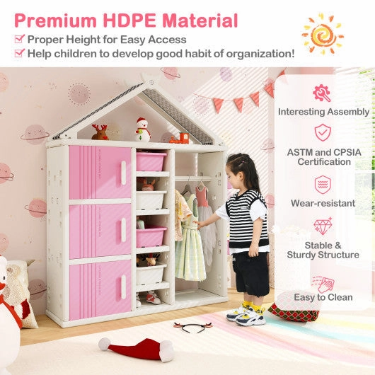 Kids Costume Storage Closet With Storage Bins and Shelves and Side Baskets for Kids Room-Pink