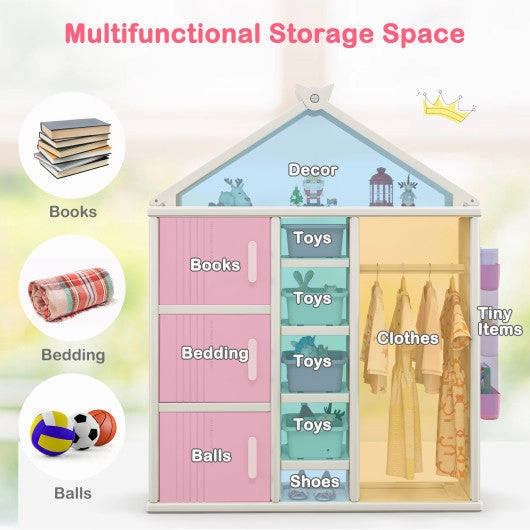 Kids Costume Storage Closet With Storage Bins and Shelves and Side Baskets for Kids Room-Pink