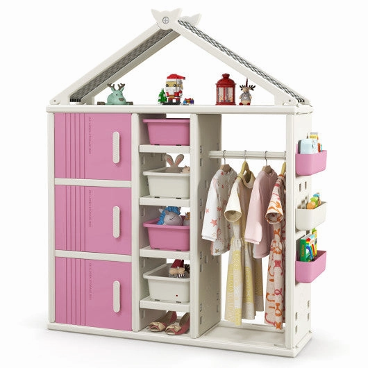 Kids Costume Storage Closet With Storage Bins and Shelves and Side Baskets for Kids Room-Pink