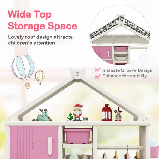Kids Costume Storage Closet With Storage Bins and Shelves and Side Baskets for Kids Room-Pink