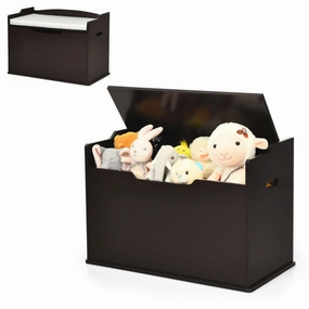 Kids Toy Wooden Flip-Top Storage Box Chest Bench With Cushion Hinge-Brown