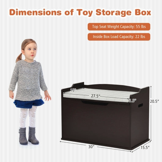 Kids Toy Wooden Flip-Top Storage Box Chest Bench With Cushion Hinge-Brown