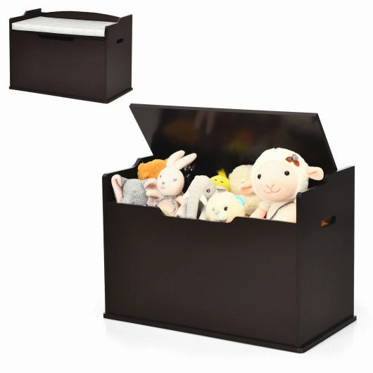 Kids Toy Wooden Flip-Top Storage Box Chest Bench With Cushion Hinge-Brown
