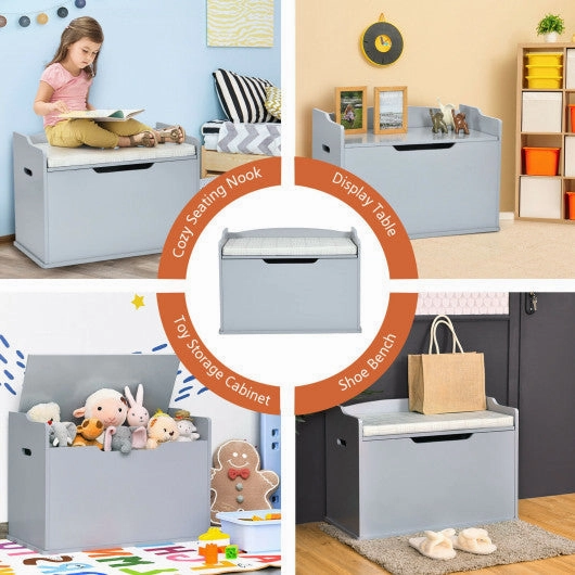 Kids Toy Wooden Flip-Top Storage Box Chest Bench With Cushion Hinge-Gray