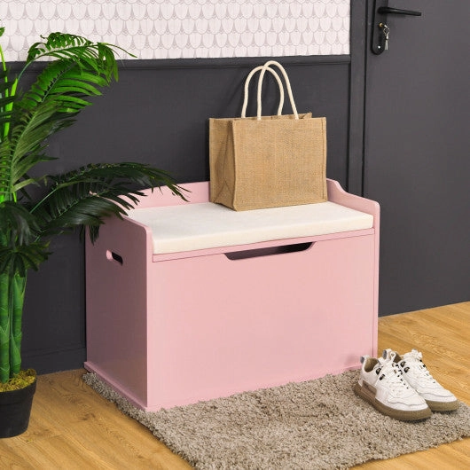 Kids Toy Wooden Flip-Top Storage Box Chest Bench With Cushion Hinge-Pink