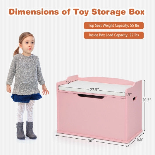Kids Toy Wooden Flip-Top Storage Box Chest Bench With Cushion Hinge-Pink