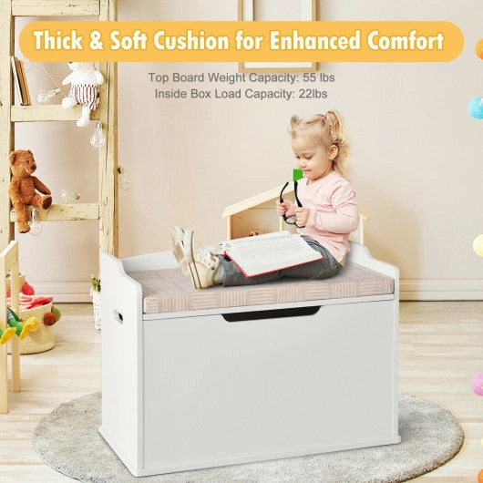 Kids Toy Wooden Flip-Top Storage Box Chest Bench With Cushion Hinge-White