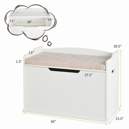 Kids Toy Wooden Flip-Top Storage Box Chest Bench With Cushion Hinge-White