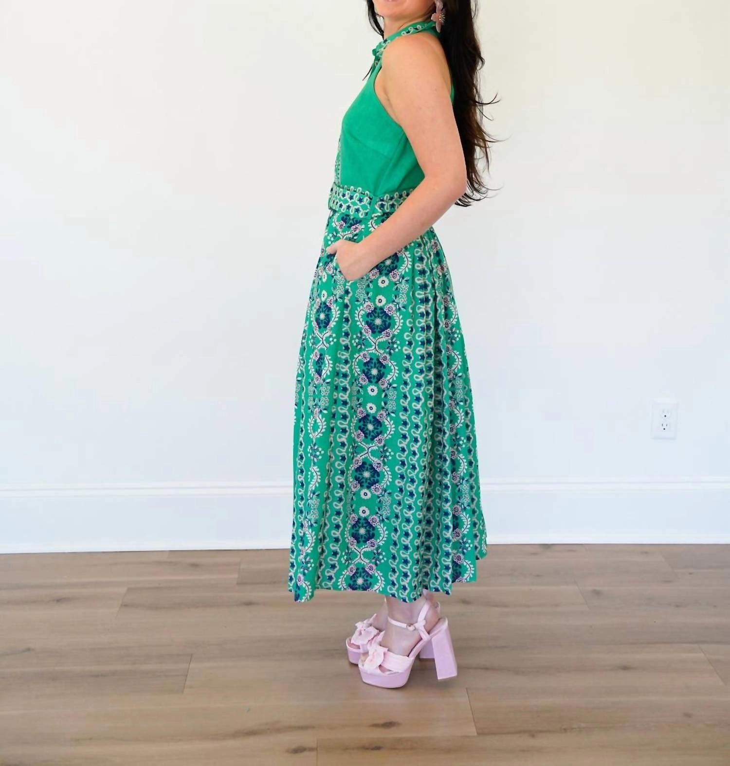 Leena Belted Dress In Green Multi