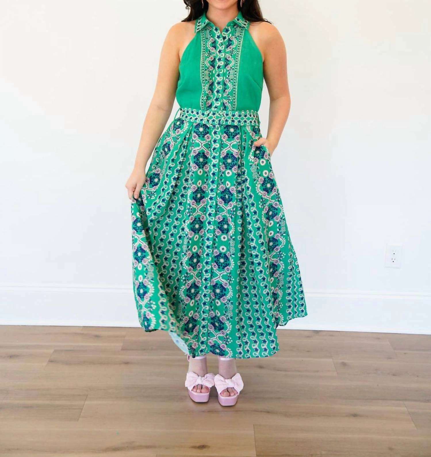 Leena Belted Dress In Green Multi