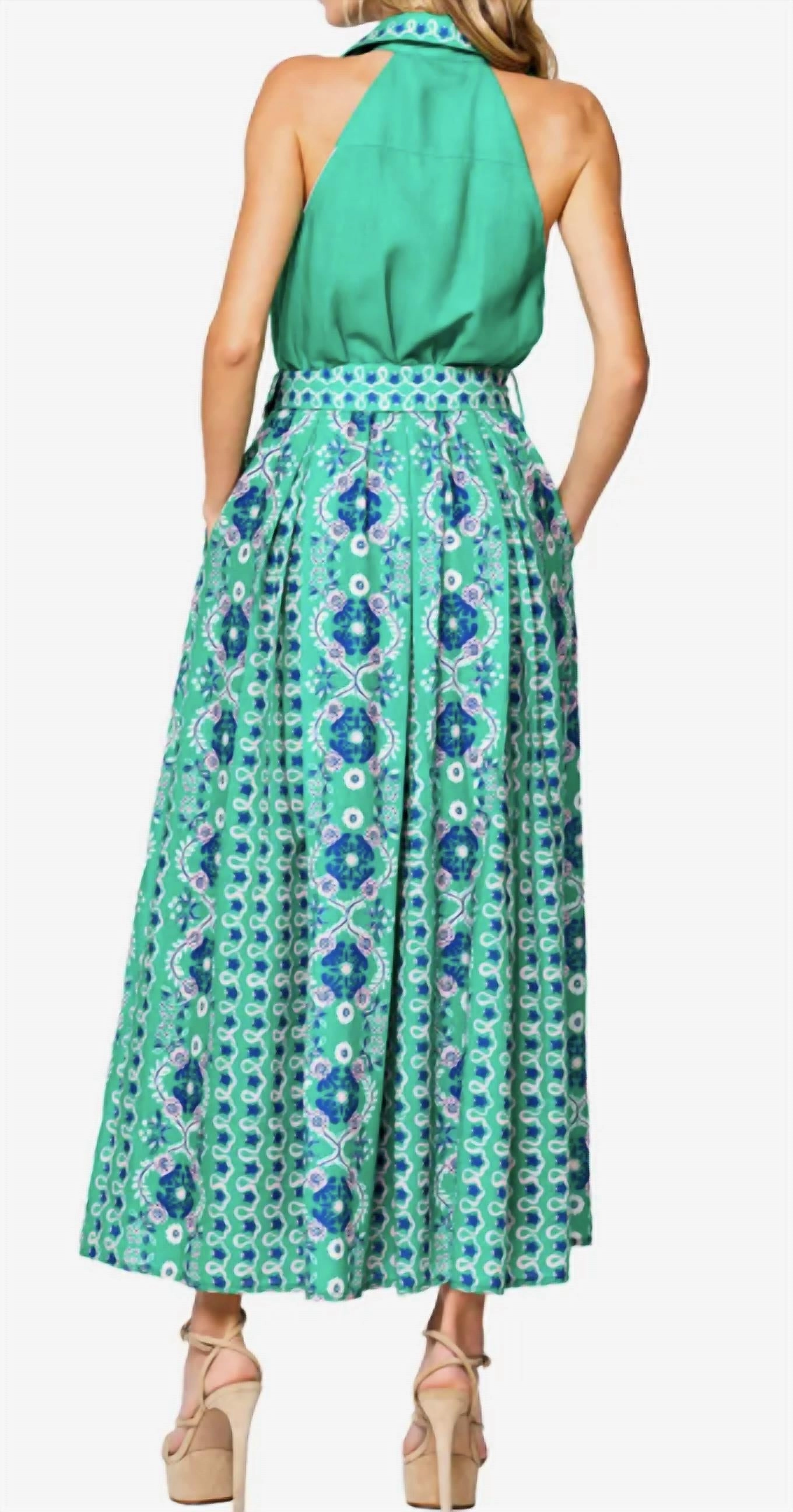Leena Belted Dress In Green Multi