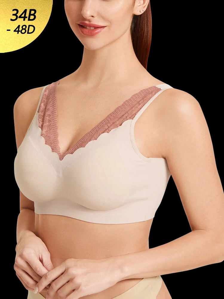 Plus Size Seamless Lace Trim Full Coverage Wireless Sports Bras