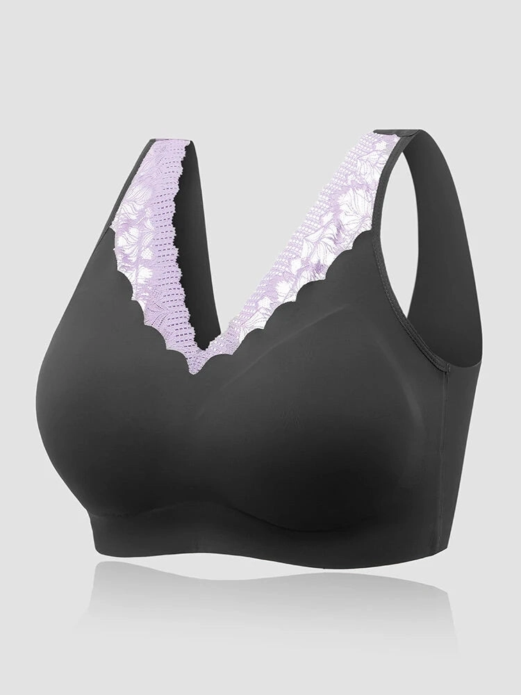 Plus Size Seamless Lace Trim Full Coverage Wireless Sports Bras