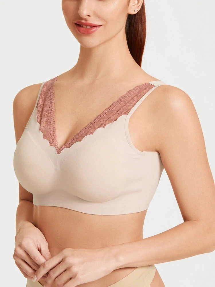 Plus Size Seamless Lace Trim Full Coverage Wireless Sports Bras