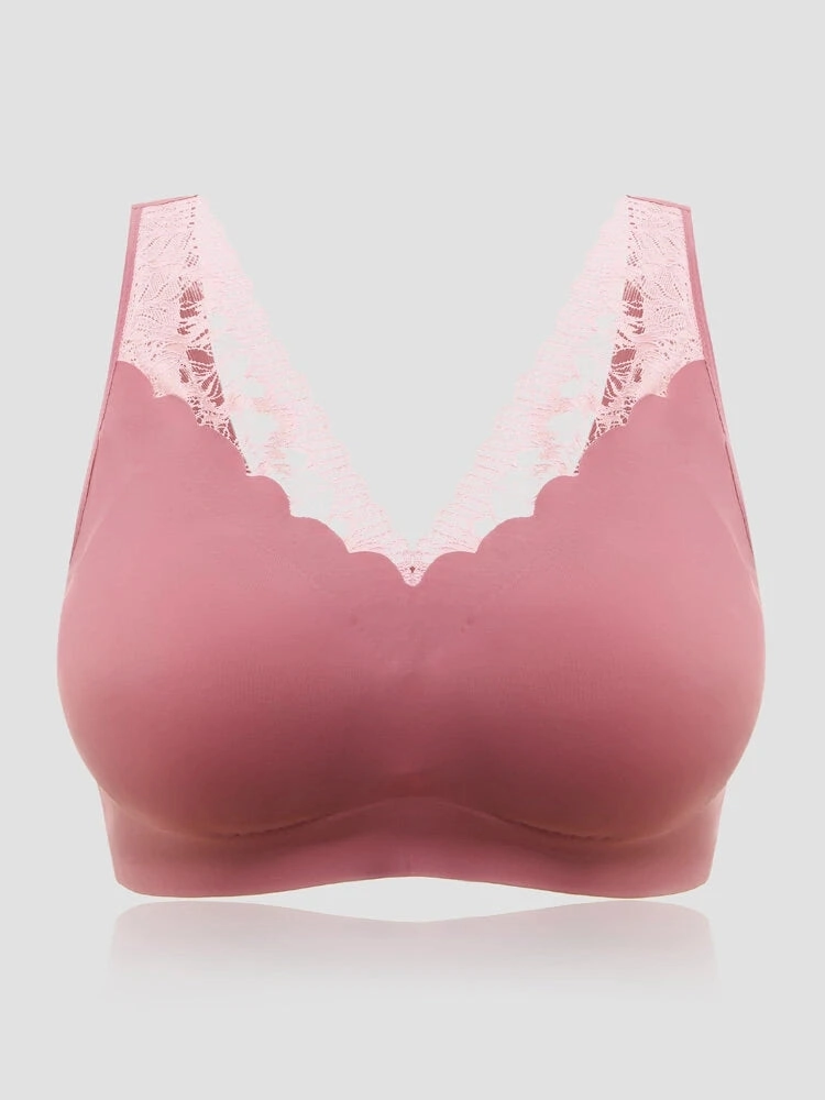 Plus Size Seamless Lace Trim Full Coverage Wireless Sports Bras