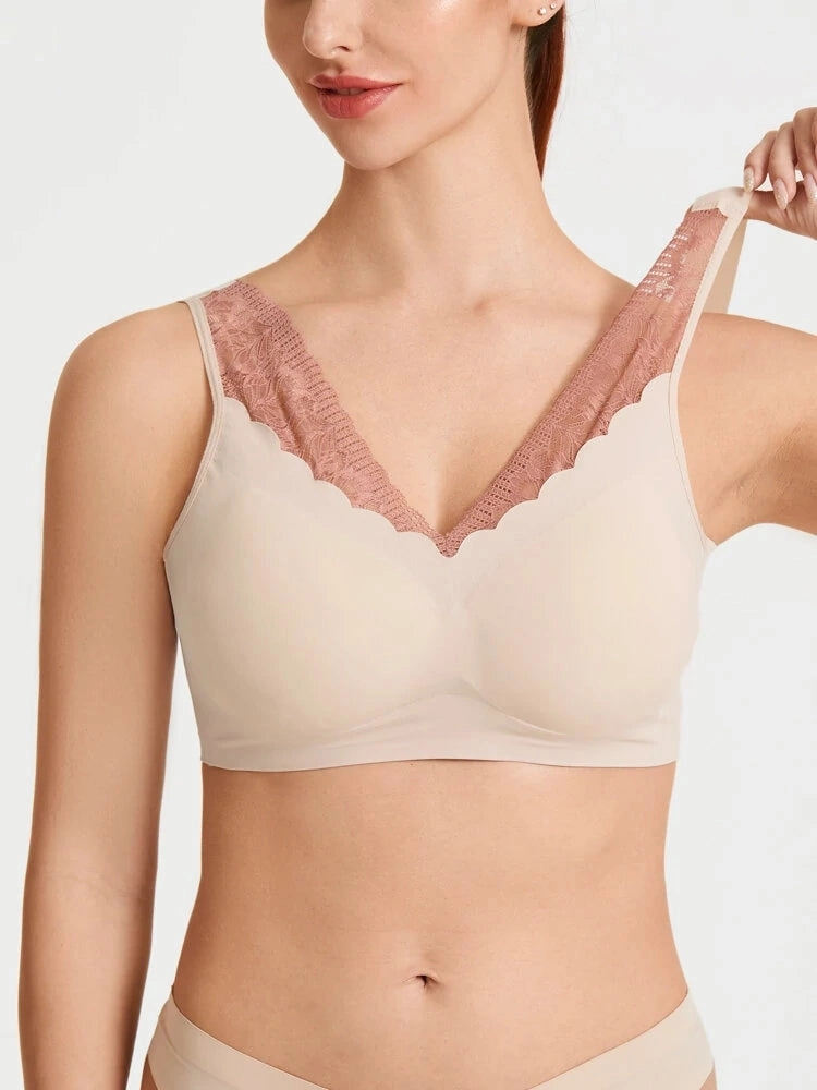 Plus Size Seamless Lace Trim Full Coverage Wireless Sports Bras