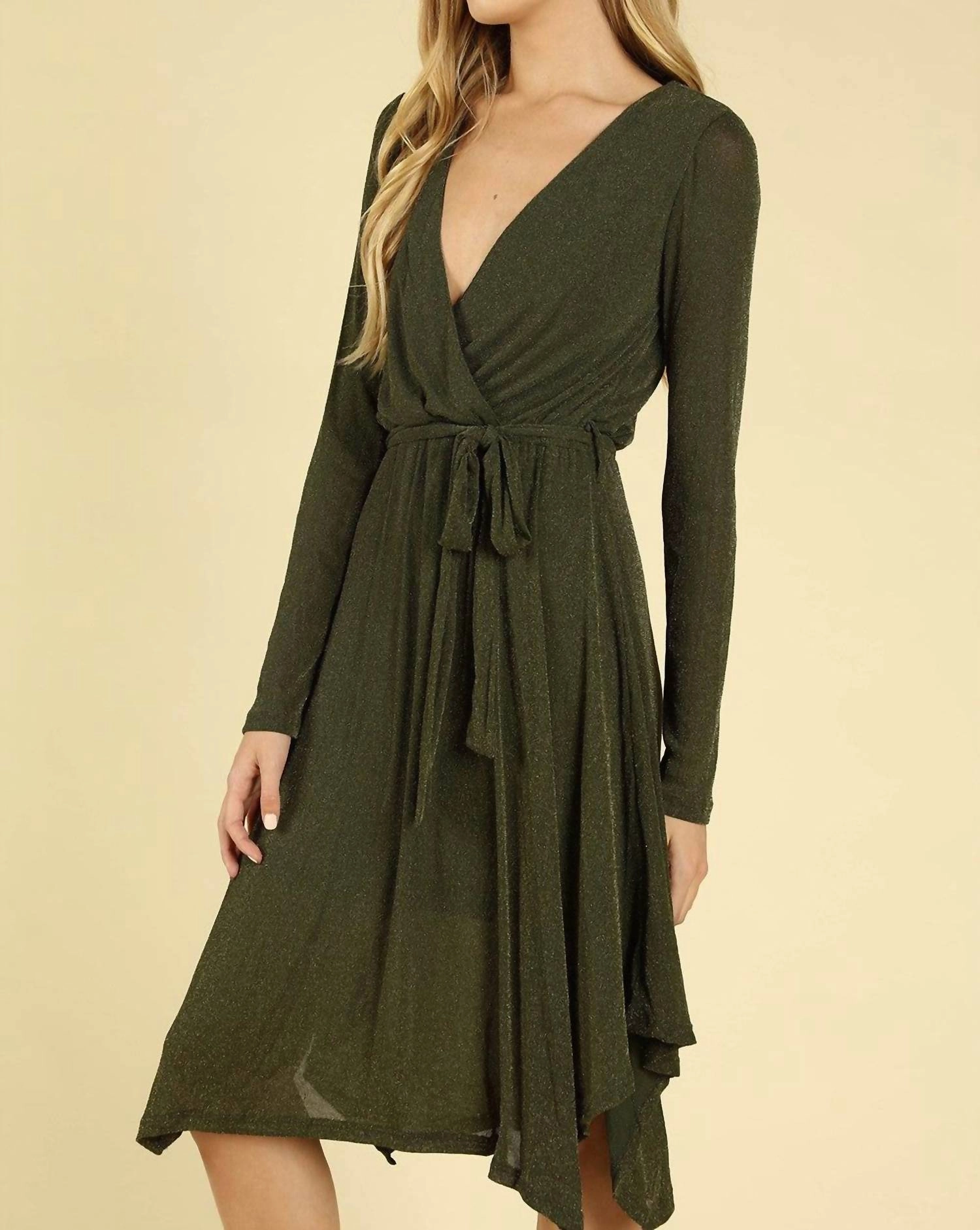 Shimmering Long Sleeve Wrap Dress In Olive