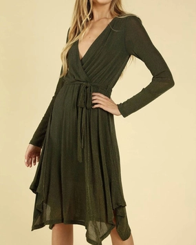 Shimmering Long Sleeve Wrap Dress In Olive