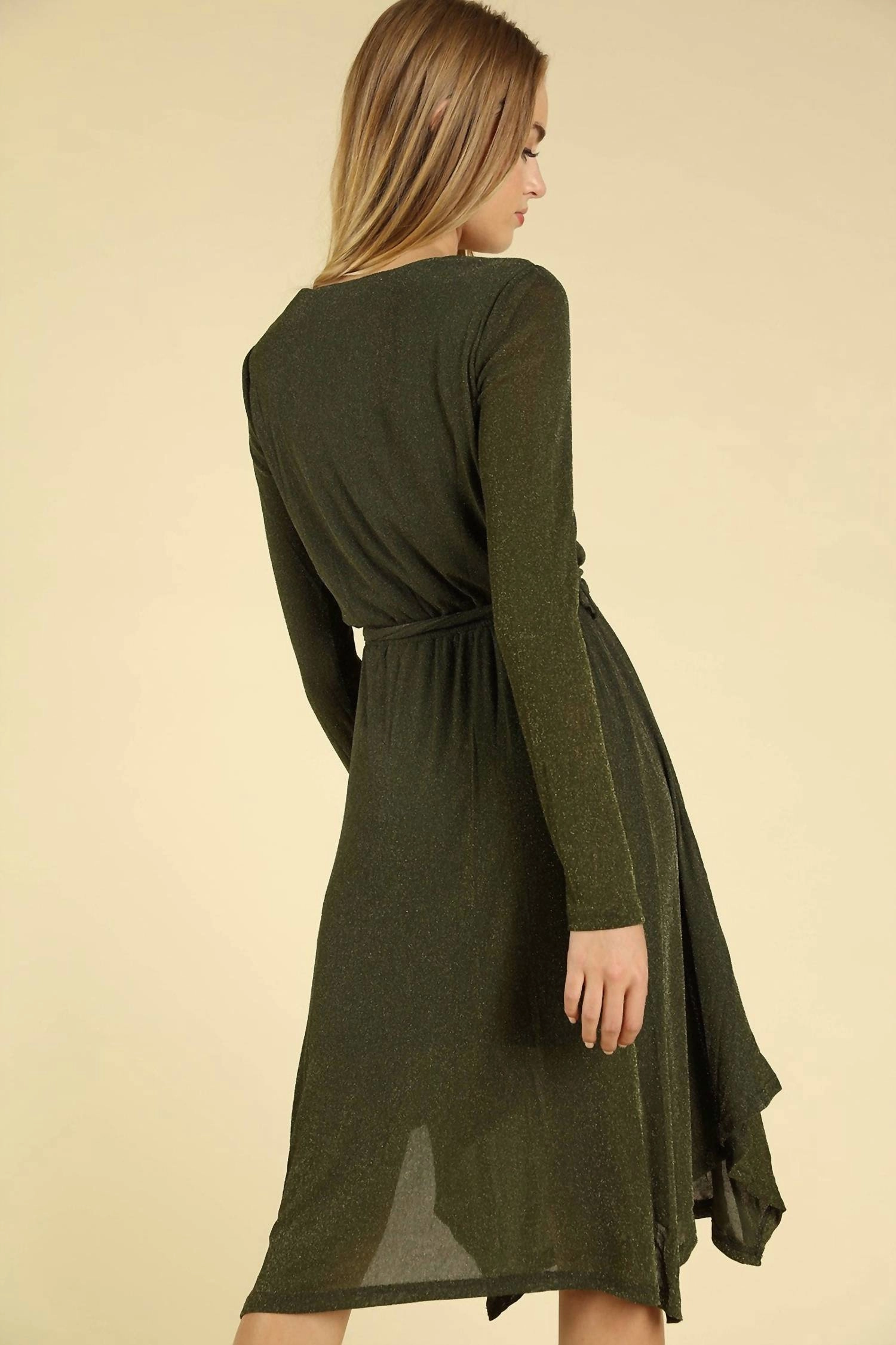 Shimmering Long Sleeve Wrap Dress In Olive